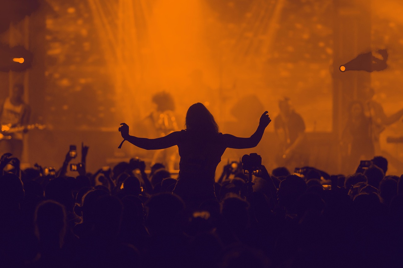 Crowd silhouetted against the stage, one fan on shoulders with arms out